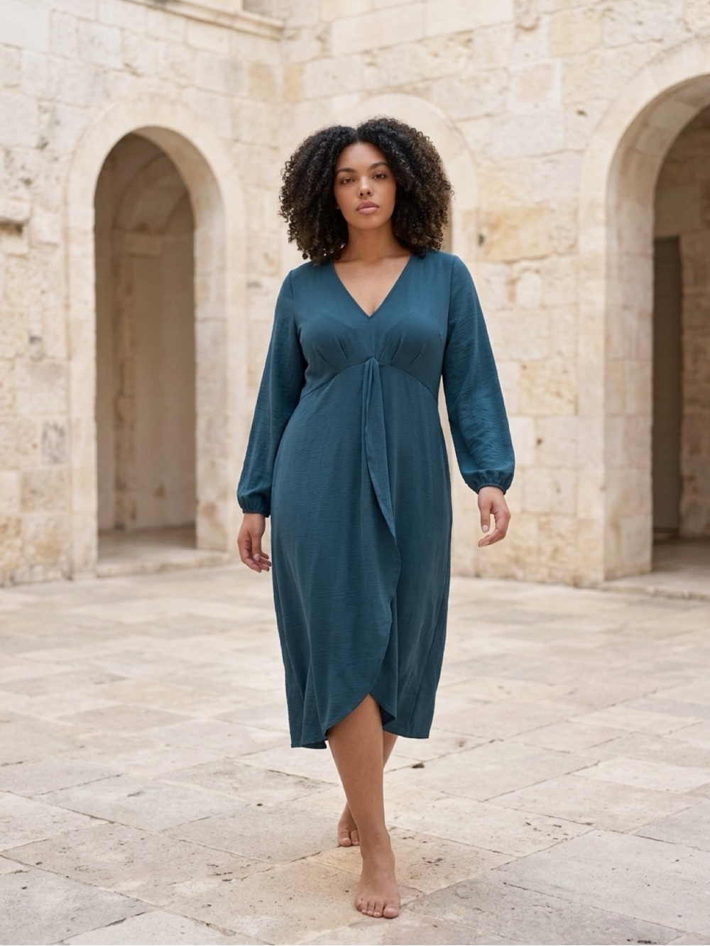 Gilli Blue L Chiffon V-Neck Dress Long Sleeve Lined